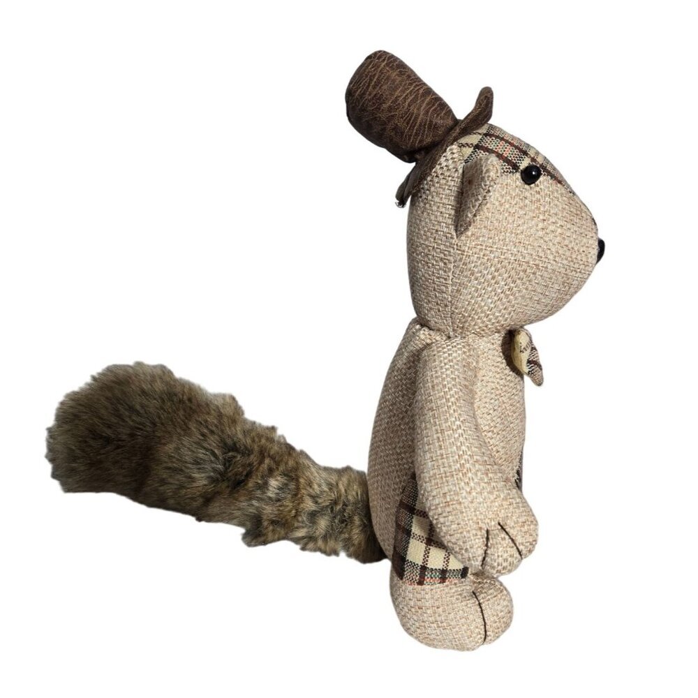 Rustic Fabric Squirrel Doorstop/ Shelf Sitter with Faux Fur Tail & Plaid Accents - Picture 4 of 11